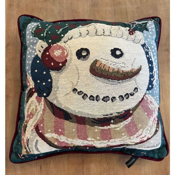Portofino Tapestry Throw Accent Pillow Snowman Christmas  15"X 15” - Picture 1 of 6